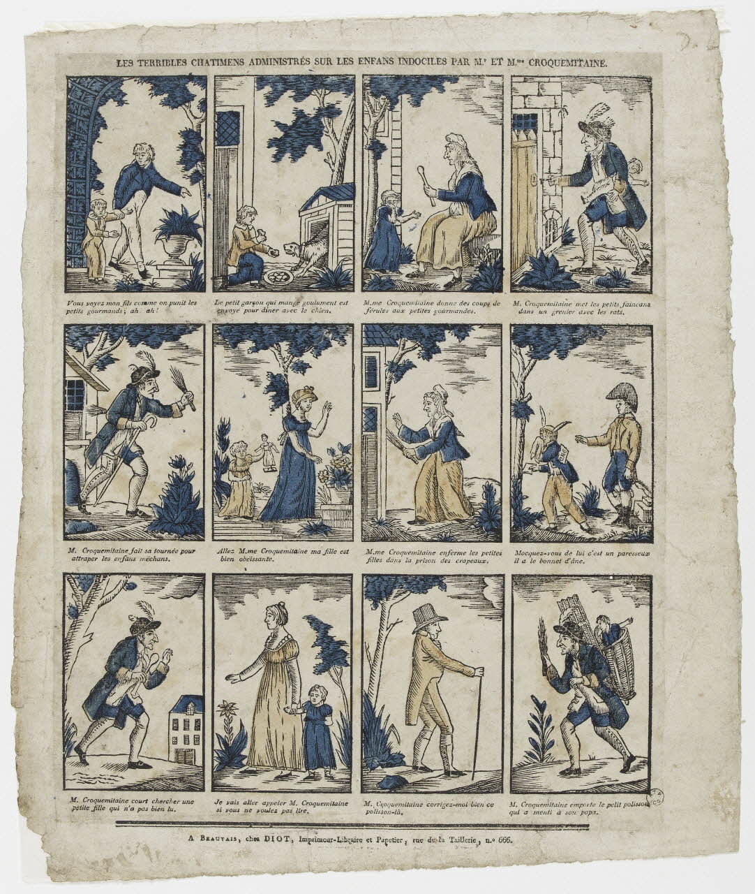 Lucien-Côme Diot imagerie ancienne LES TERRIBLES CHATIMENS ADMINISTRES SUR LES ENFANS INDOCILES PAR M. ET Mme. CROQUEMITAINE Beauvais 1802-1823 1965.75.21 Photo PHOTO RMN - THIERRY LE MAGE
