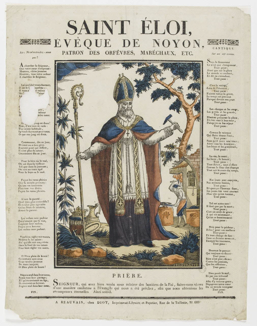 Frédéric Etienne Joseph Feldtrappe ; Lucien-Côme Diot imagerie ancienne SAINT ELOI,  EVEQUE DE NOYON,  PATRON DES ORFEVRES, MARECHAUX, ETC. Beauvais 1802-1823 1970.23.5 Photo PHOTO RMN - THIERRY LE MAGE