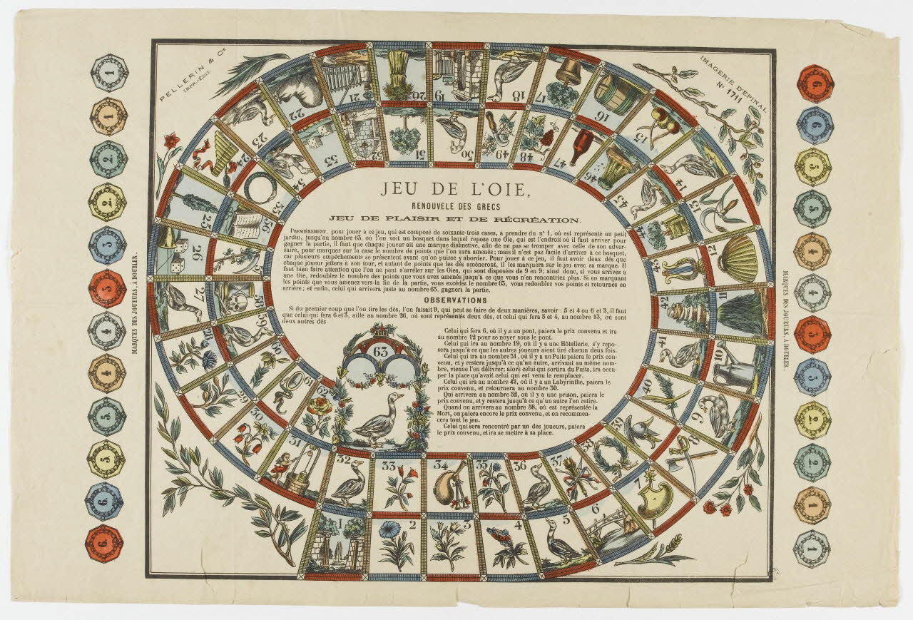 Pellerin jeu de l'oie JEU DE L'OIE,  RENOUVELE DES GRECS  JEU DE PLAISIR ET DE RECREATION. Lorraine, France 1875-1885 1950.21.486 Photo PHOTO RMN - THIERRY LE MAGE