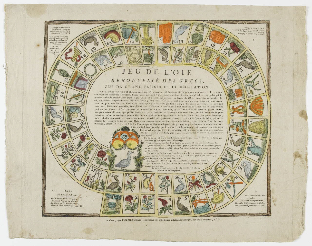 Jean-François Picard ; Marie-Françoise Guérin imagerie ancienne JEU DE L'OIE  RENOUVELLE DES GRECS,  JEU DE GRANDS PLAISIRS ET DE RECREATION. Caen 1809-1831 1951.70.3 Photo PHOTO RMN - THIERRY LE MAGE