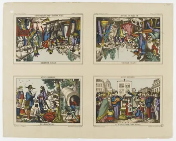 à compartiments (2x2) LA FÊTE DE VILLAGE.  L'ÂNE SAVANT. - LES SALTIMBANQUES.  LES BOHEMIENS.  LE MARCHAND DE COMPLAINTES. 1953.86.4747 Photo PHOTO RMN - THIERRY LE MAGE