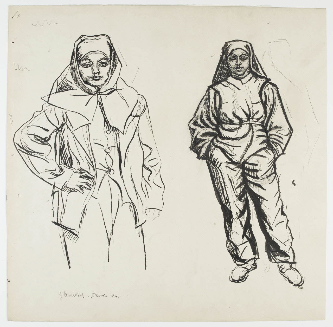 Jean Amblard dessin Deux femmes de face en costume de mineur 1946 1948.49.2 Photo PHOTO RMN - THIERRY LE MAGE