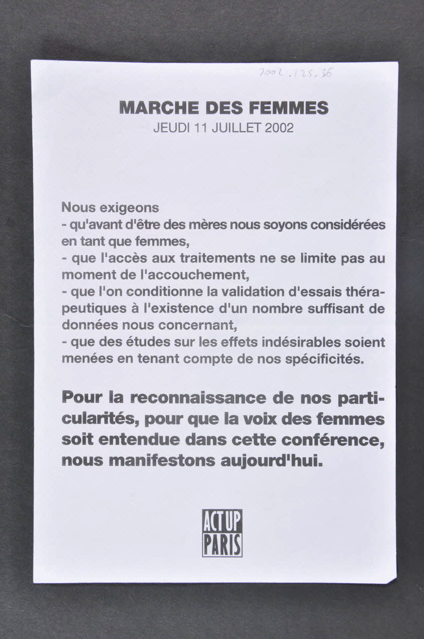 Act Up-Paris tract "Marche des femmes France 2002/7/11 2002.125.36 Photo Mucem