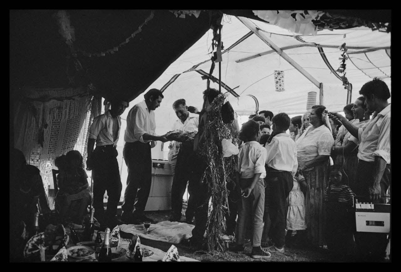 Philippe Lemaire De Marne photographie Roms, nomades "Kalderash". Fête traditionnelle "Prasmiko". Famille de "Papa" Gusman et Théodore Gusman, son frère dans un terrain loué à la sortie du village. Découpage du gâteau Kolako. Tente de Papa Midi-Pyrénées, France 1965/8/15 Ph.1966.68.76 Photo