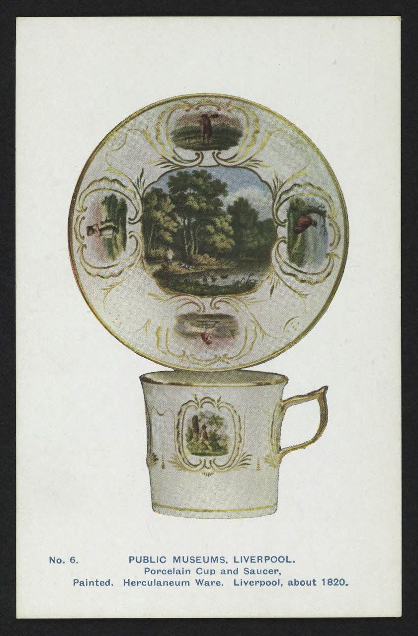 carte postale PUBLIC MUSEUMS, LIVERPOOL, SOUCOUPE ET TASSE EN PORCELAINE PEINTES, HERCULANEUM WARE, LIVERPOOL 1820 4P2067 Photo
