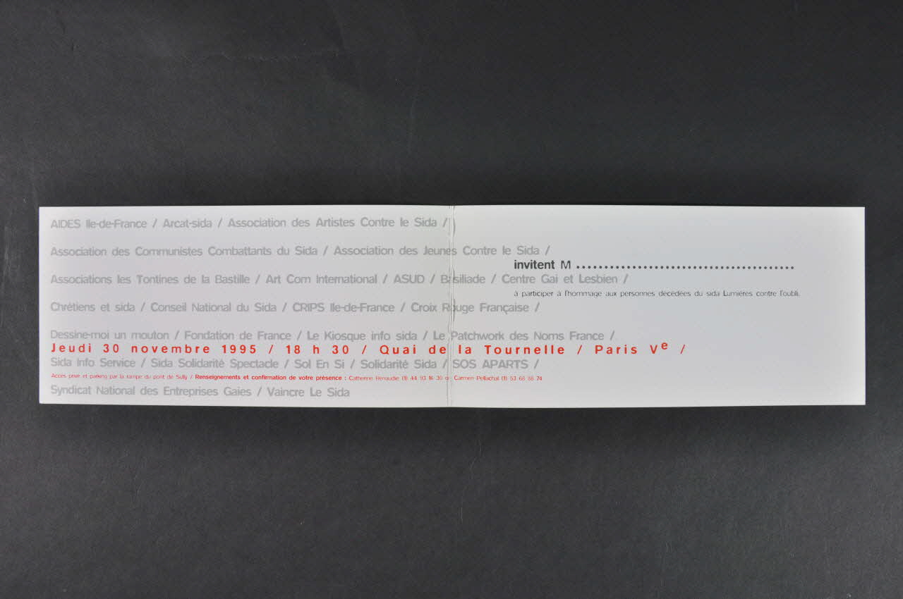 Lumières Contre L'oubli (Collectif Associatif ) carte d'invitation "Lumières contre l'oubli." / 'hommage aux personnes décédées du sida France 1995/11/30 2002.126.134 Photo Mucem