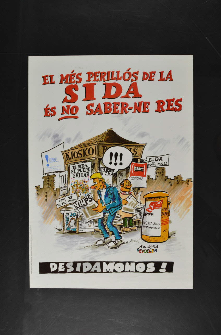 Associacio Ciutadana Anti-Sida De Catalunya affiche El més perillos de la SIDA és no saber-ne res (Le plus dangereux avec le SIDA c'est de n'en rien savoir) (jeune homme devant kiosque) Espagne 1997/5 2002.126.14 Photo Mucem
