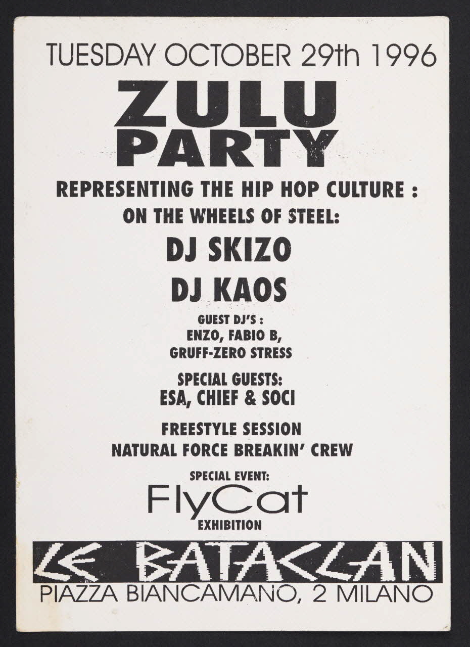 affichette publicitaire Flyer pour une Zulu Party Lombardie, Italie 1996 2020.28.3 Photo Mucem / Marianne Kuhn