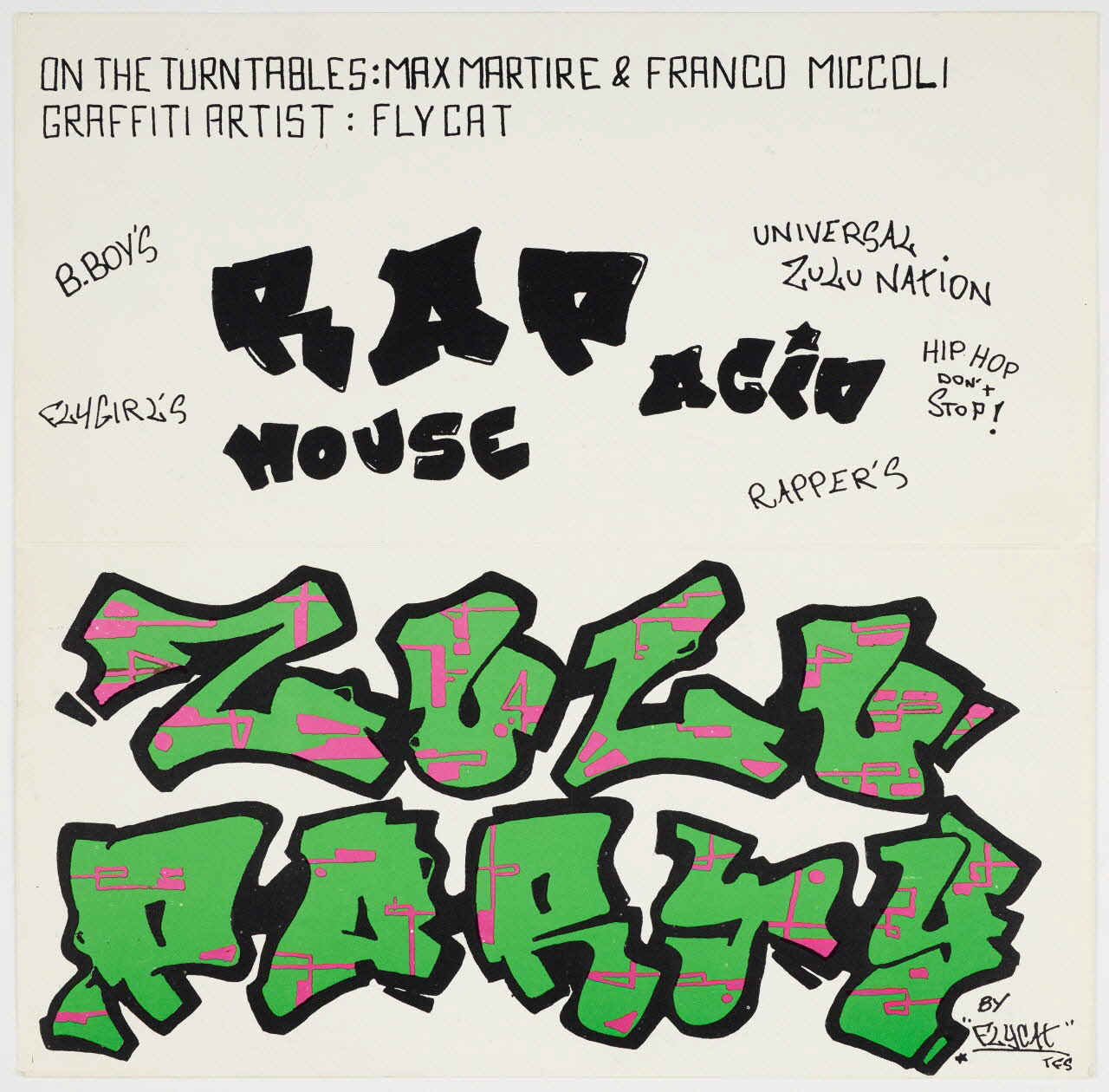Flycat carte d'invitation Carton d'invitation pour une Zulu Party Lombardie, Italie 1988 2020.28.4 Photo Mucem / Marianne Kuhn