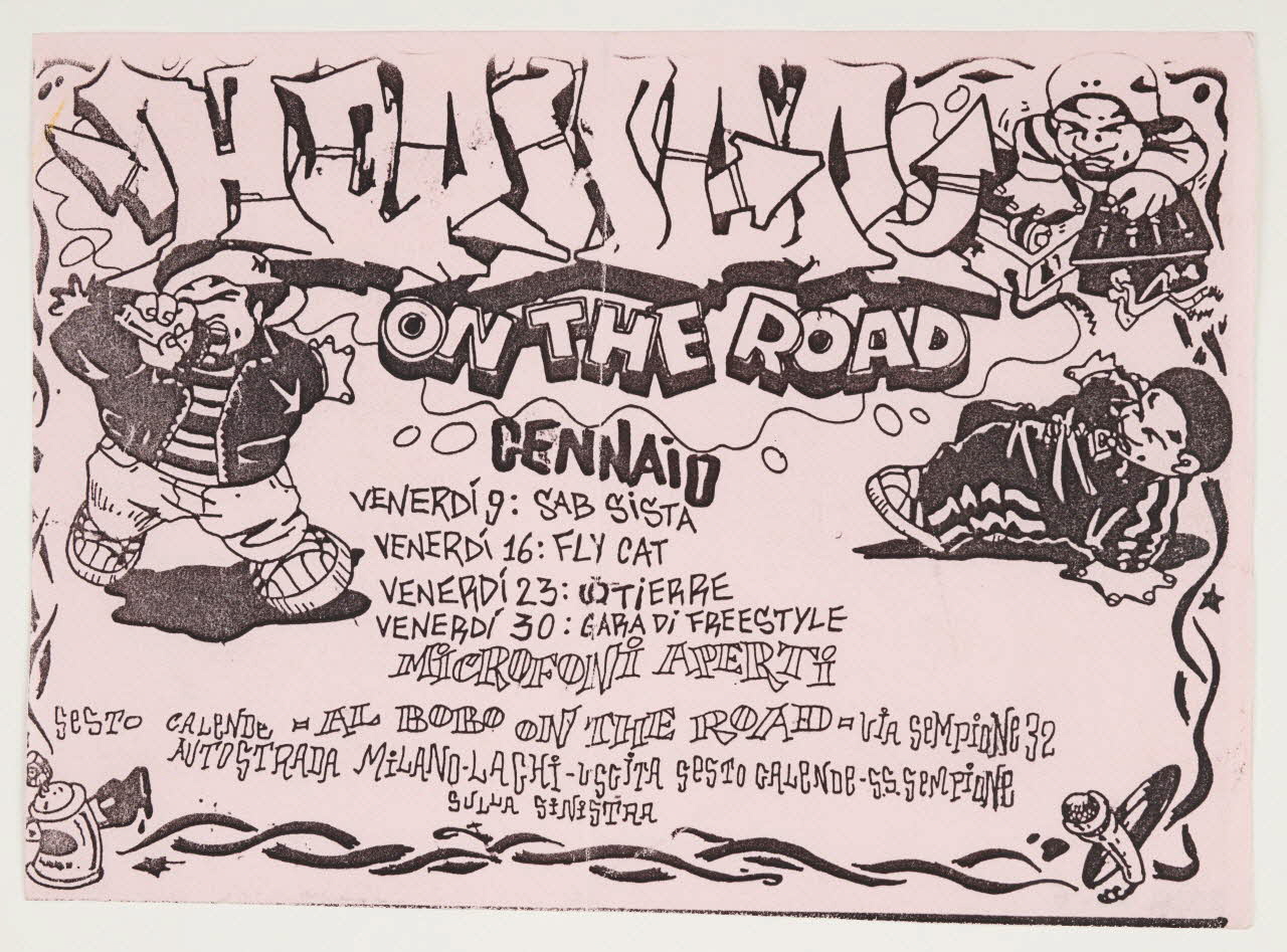 affichette publicitaire Flyer pour une soirée hip-hop "On the road" Lombardie, Italie 1998 2020.28.6 Photo Mucem / Marianne Kuhn