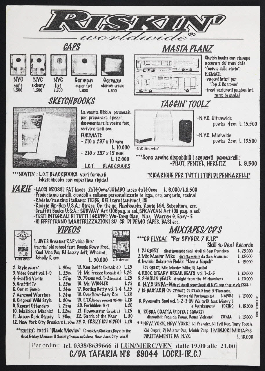 affichette publicitaire Catalogue de vente d'un graffiti-shop Calabre, Italie 1996 2020.28.7 Photo Mucem / Marianne Kuhn