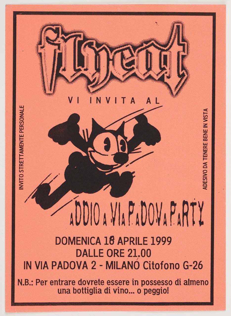 Flycat autocollant Sticker d'invitation à une soirée Lombardie, Italie 1999 2020.28.9 Photo Mucem / Marianne Kuhn
