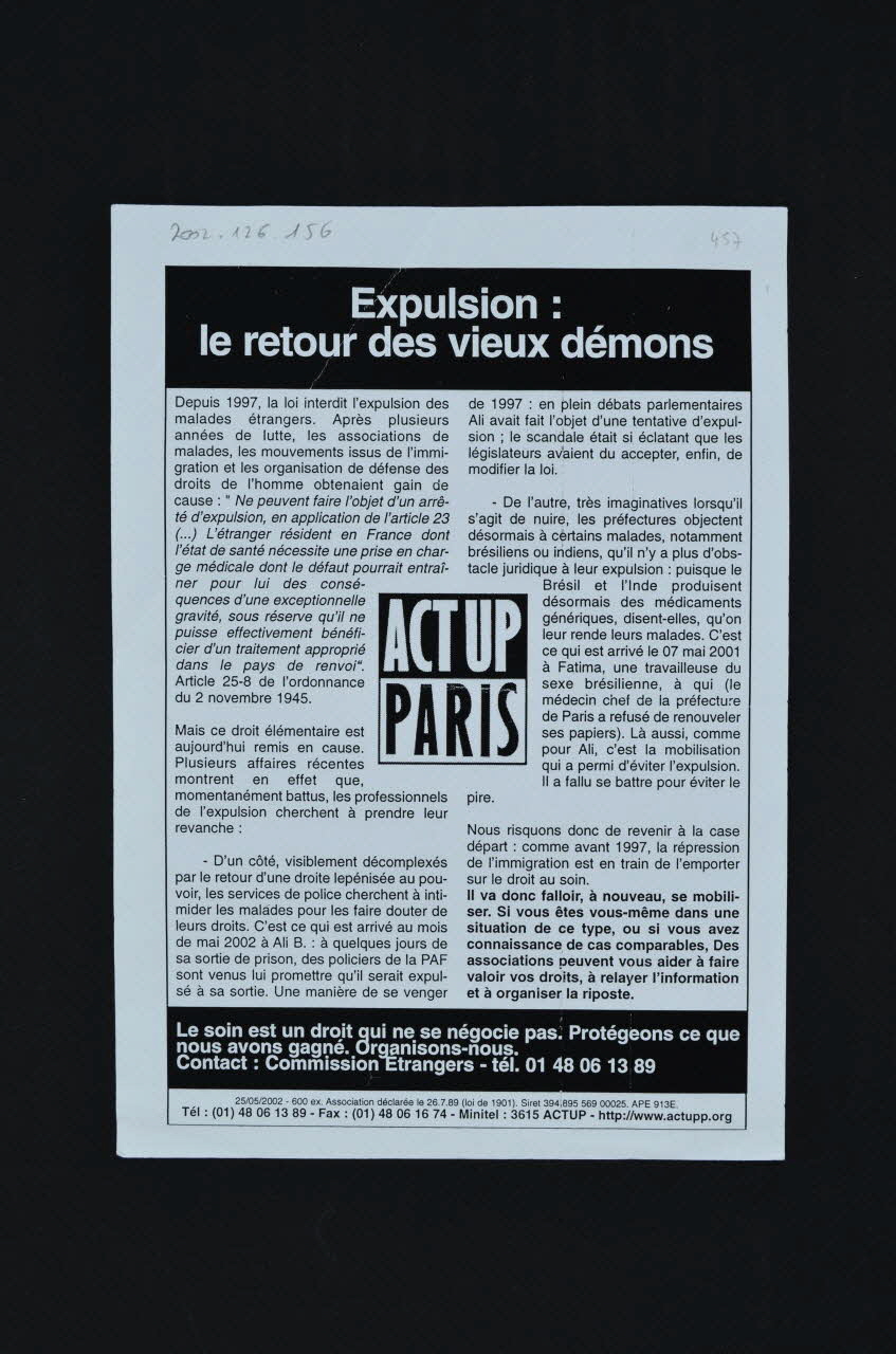 Act Up-Paris tract "Expulsion : le retour des vieux démons" Île-de-France, France 2002/5/25 2002.126.156 Photo Mucem