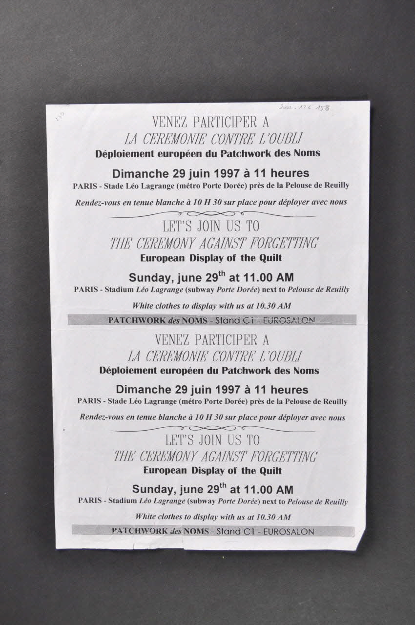 Le Patchwork Des Noms tract "Venez participer à la cérémonie contre l'oubli. Déploiement européen du Patchwork des Noms" Île-de-France, France 1997/6/29 2002.126.158 Photo Mucem