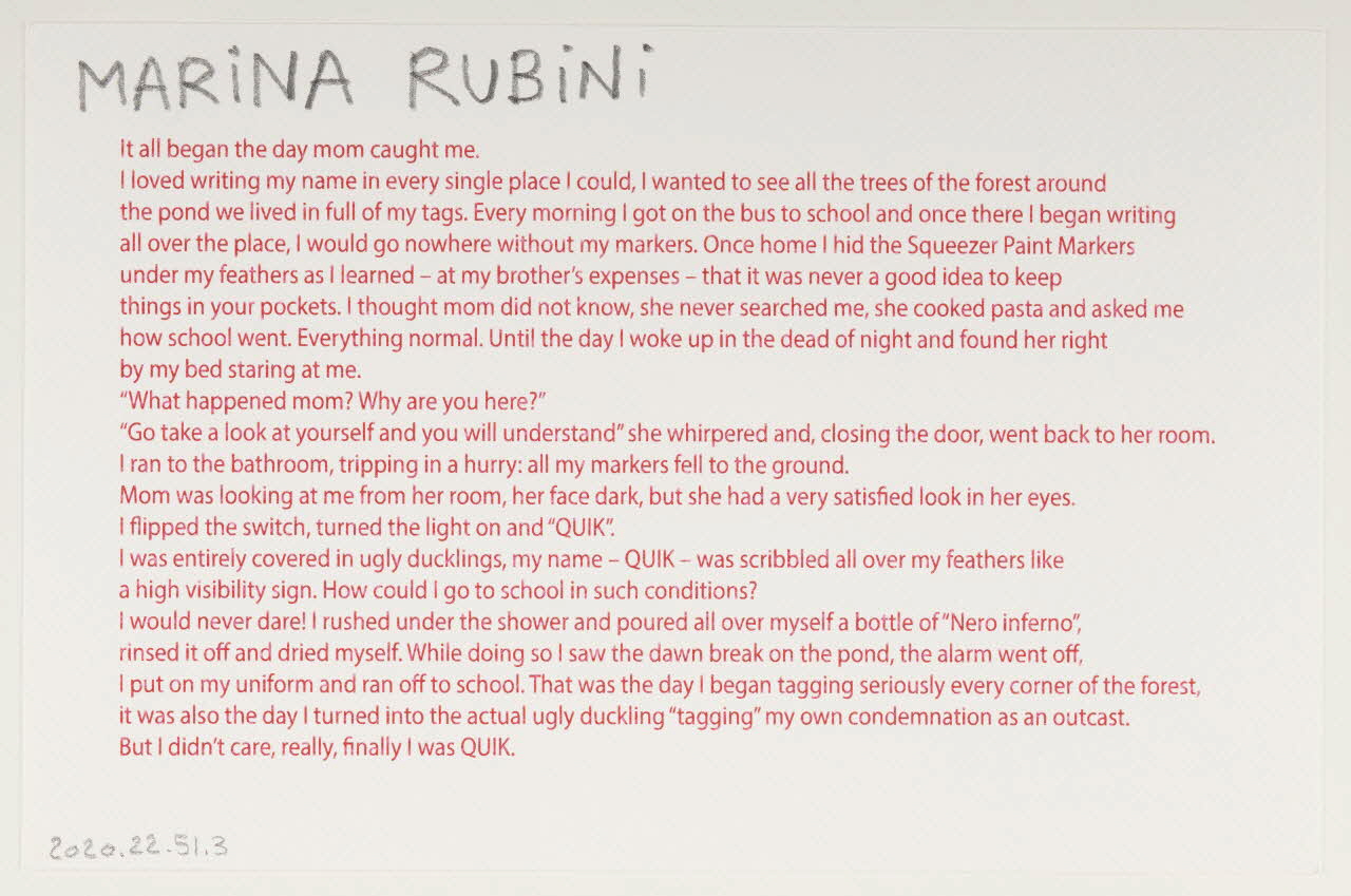 Zoow24 ; Bad Deal ; Marina Rubini carte publicitaire Texte accompagnant le pull-over "Nasty duck" Lombardie, Italie 2015 2020.22.51.3 Photo Mucem / Marianne Kuhn