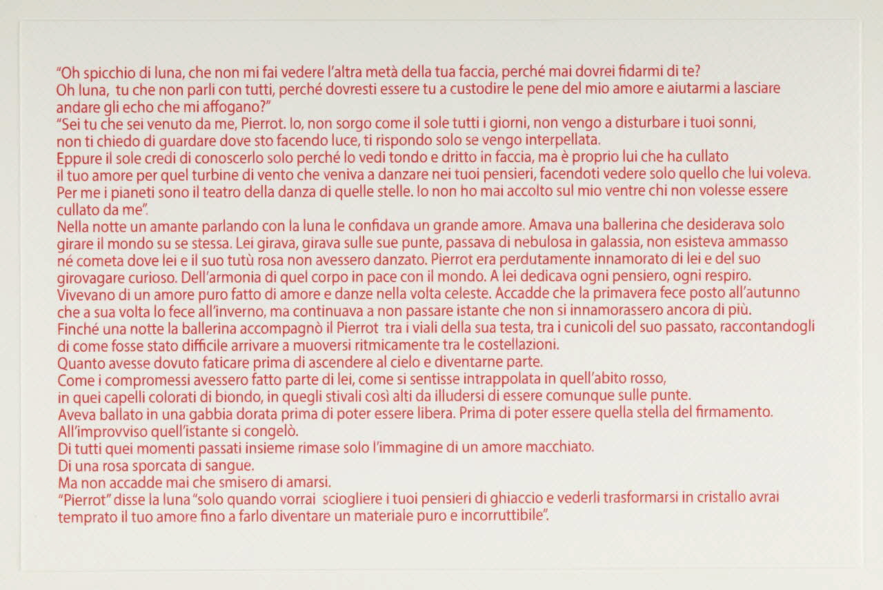 Zoow24 ; Bad Deal ; Marina Rubini carte publicitaire Texte accompagnant le pull-over "Pierrot speaking to the Moon" Lombardie, Italie 2015 2020.22.53.3 Photo Mucem / Marianne Kuhn