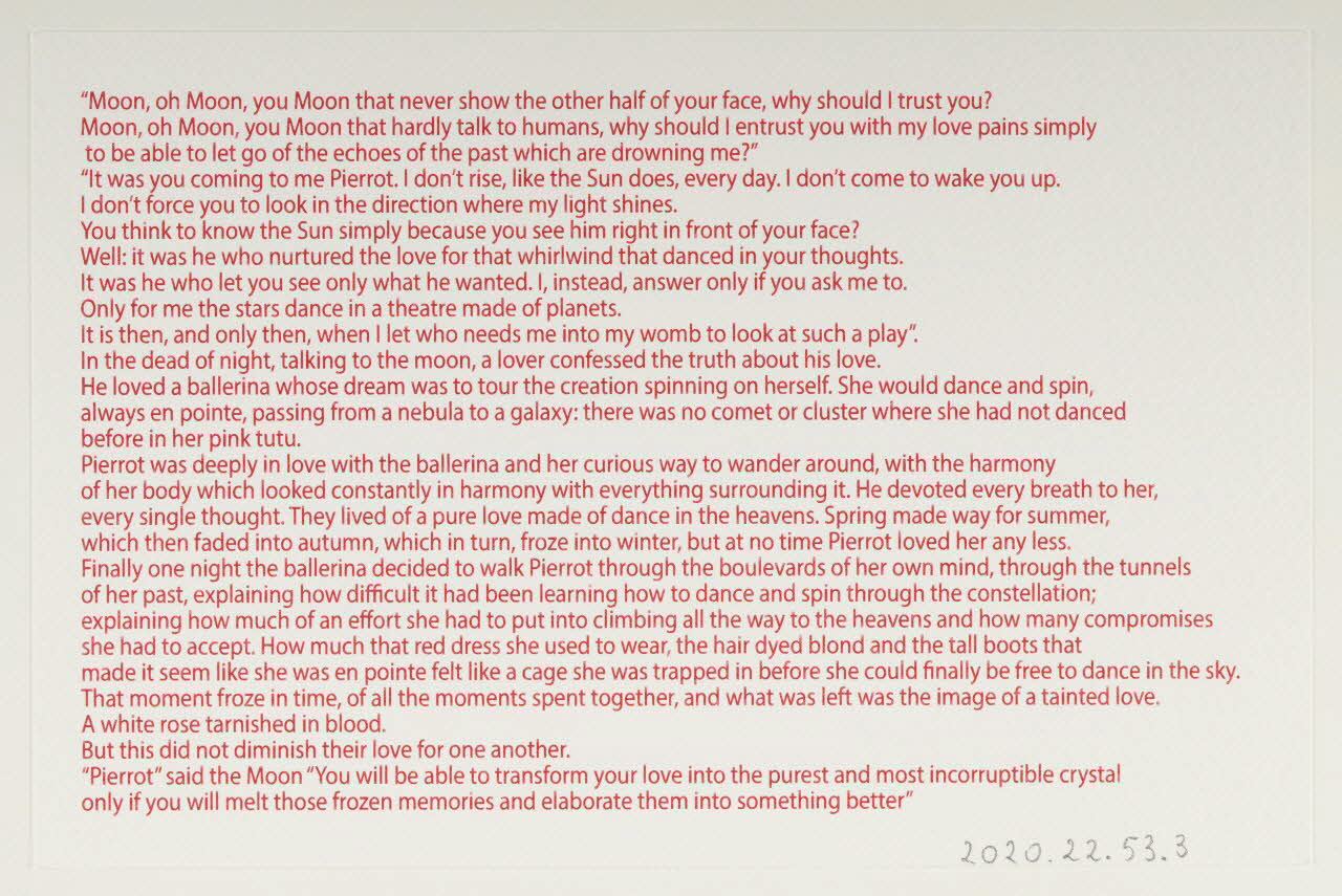 Zoow24 ; Bad Deal ; Marina Rubini carte publicitaire Texte accompagnant le pull-over "Pierrot speaking to the Moon" Lombardie, Italie 2015 2020.22.53.3 Photo Mucem / Marianne Kuhn