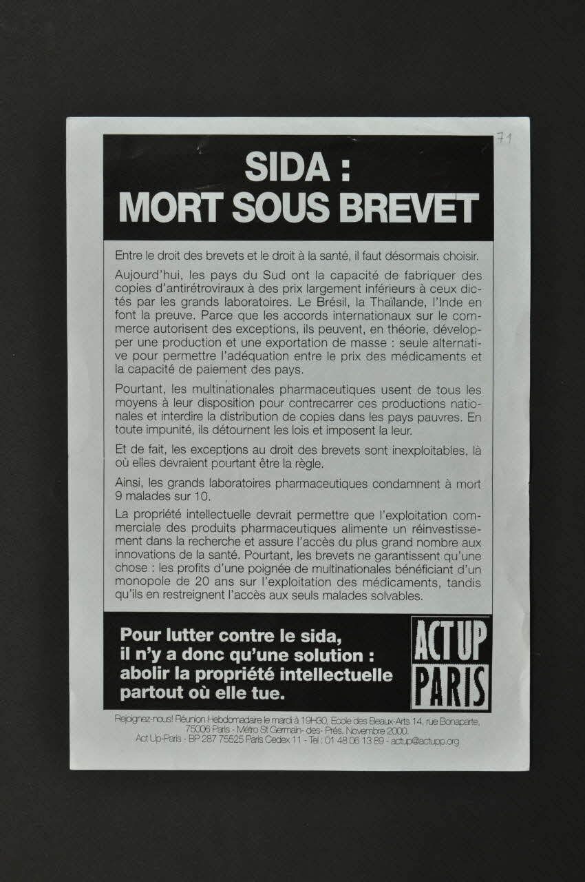 Act Up-Paris tract Sida : mort sous brevet Île-de-France, France 2000/12/1 2002.126.163 Photo Mucem