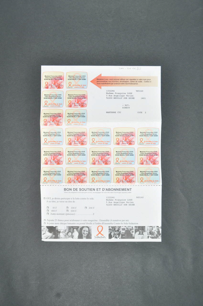 Sidaction - Ensemble Contre Le Sida document Je soutiens la lutte contre le sida France 1998 2002.126.176.3.1-2 Photo Mucem