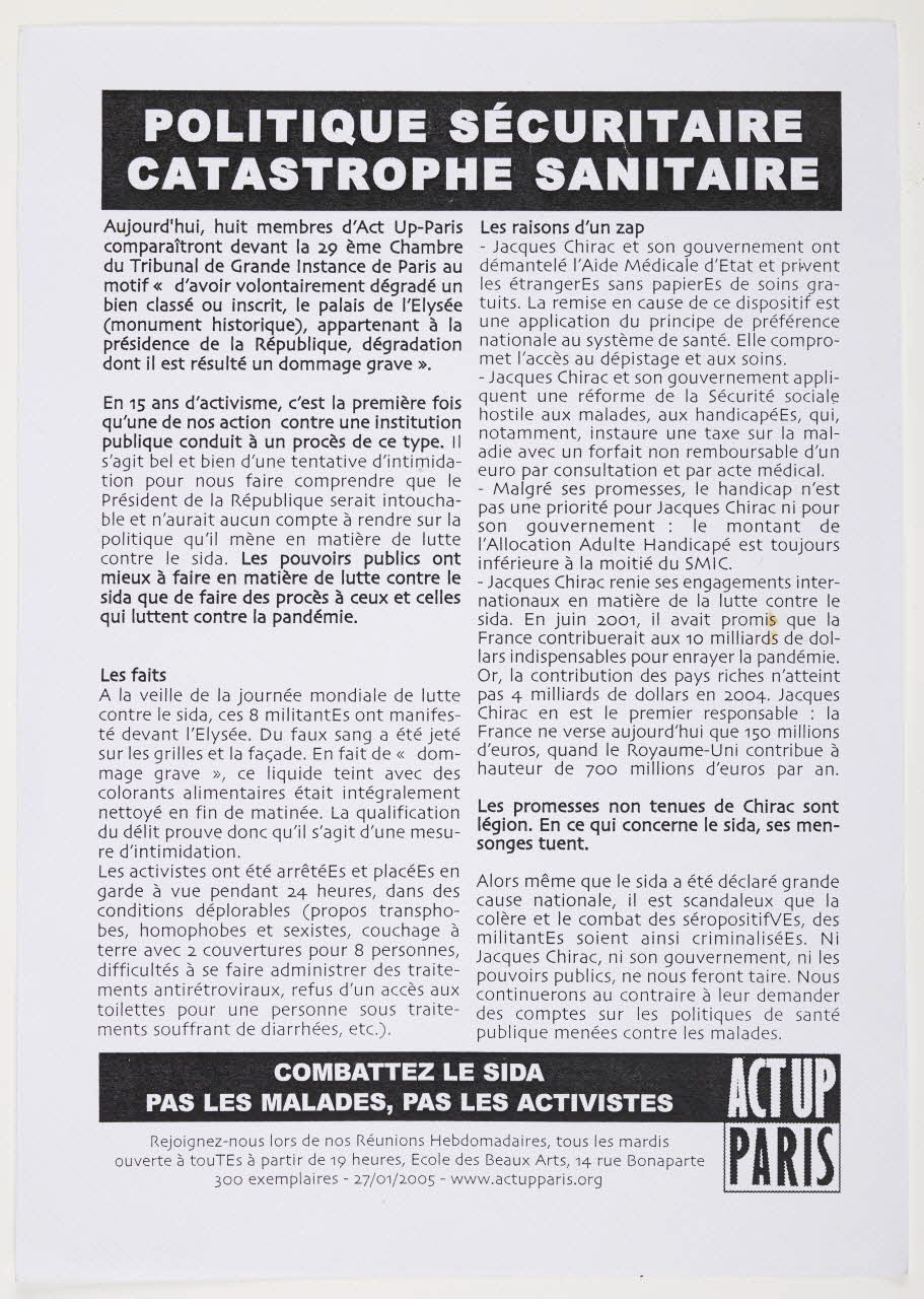 Act Up-Paris tract "Politique sécuritaire. catastrophe sanitaire" Île-de-France, France 2005/1/25 2005.158.2 Photo Mucem / Marianne Kuhn