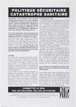 Act Up-Paris tract "Politique sécuritaire. catastrophe sanitaire" Île-de-France, France 2005/1/25 2005.158.2 Photo Mucem / Marianne Kuhn