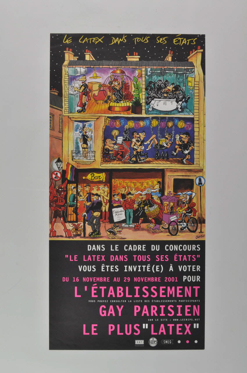 C.R.I.P.S Ile de France affichette "Dans le cadre du concours : Le latex dans tous ses états" vous êtes invité (e) à voter du 16 novembre au 29 novembre 2001 pour l'établissement Gay parisien le plus "latex"... Île-de-France, France 2001 2002.127.114 Photo Mucem