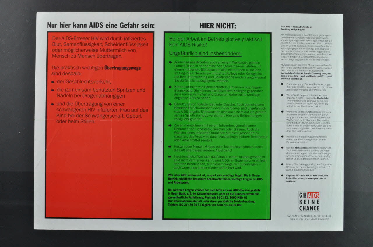 Das Bundesministerium FüR Jugend, Familie, Frauen affiche "Nur hier kann AIDS eine Gefahr sein  ...Hier nicht :..."  (c'est seulement dans ce cas que le sida peut être un danger... Et pas ainsi) Allemagne 1988 2002.127.134 Photo Mucem