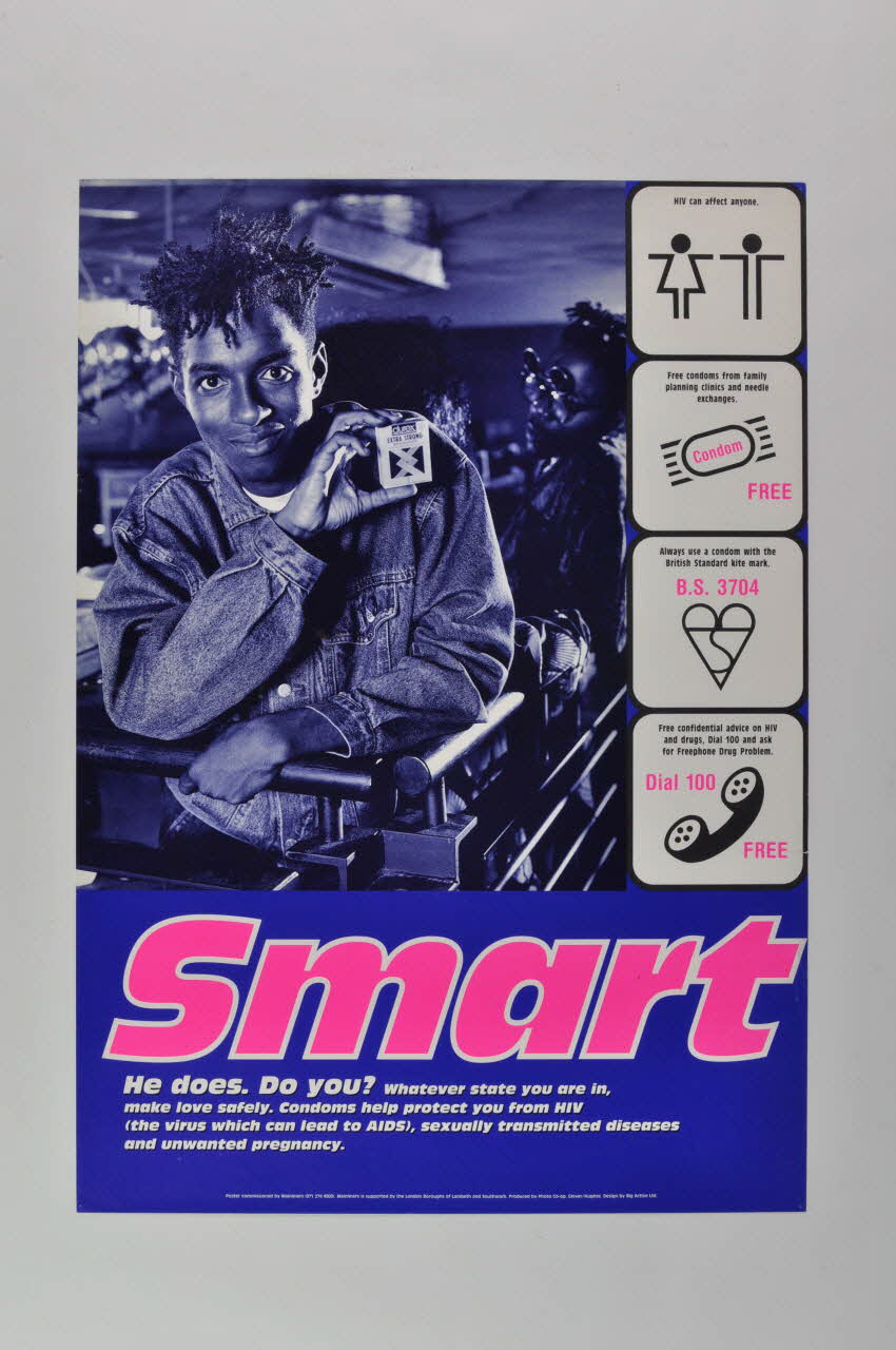 affiche "Smart. He does. Do You" (Chic.Il le fait. Et vous ?) Whatever state you are in, make love safely. (Quel que soit le lieu où vous êtes, faites l'amour  en sécurité.) 2002.127.161 Photo Mucem