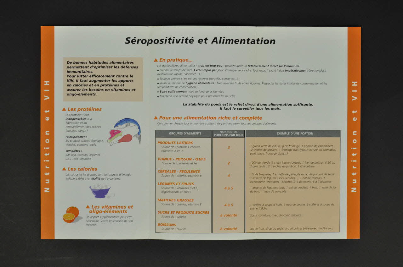 Association de Lutte contre le Sida (ALS) Lyon Dépliant "Séropositivité et alimentation", 1997 Rhône-Alpes, France 1997/4 2002.127.17.1 Photo Mucem