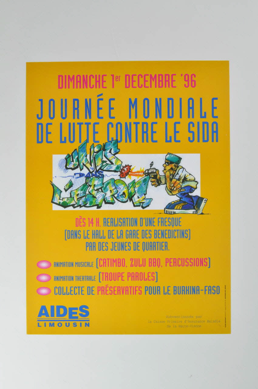Aides Limousin affichette "Dimanche 1er décembre 96 / UNIS dANS L'ESPOIR / Réalisation d'une fresque par des jeunes du quartier Limousin, France 1996 2002.127.175 Photo Mucem