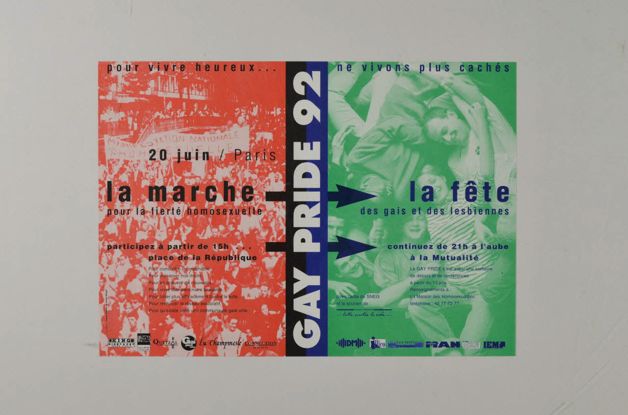 Lesbian & Gay Pride Ile-de-France et collectif associatif affichette "20 juin, Paris. La marche pour la fierté homosexuelle / Pour vivre heureux... ne vivons plus cachés" Île-de-France, France 1992 2002.127.180 Photo Mucem
