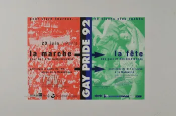 Lesbian & Gay Pride Ile-de-France et collectif associatif affichette "20 juin, Paris. La marche pour la fierté homosexuelle / Pour vivre heureux... ne vivons plus cachés" Île-de-France, France 1992 2002.127.180 Photo Mucem