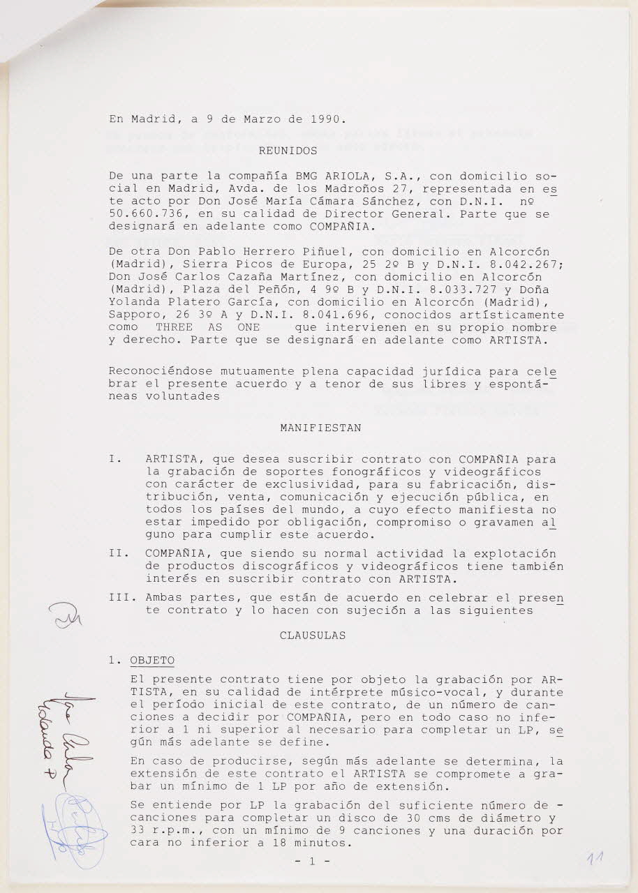 BMG contrat Contrat d'auteur pour la musique Estoy Harto Madrid, Espagne 1990/4/17 2018.25.2 Photo Mucem / Marianne Kuhn