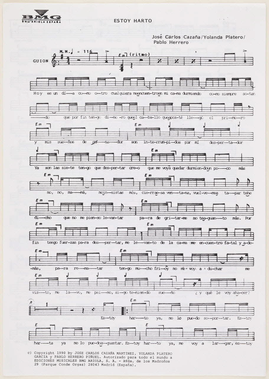 BMG ; Zeta partition Estoy Harto Madrid, Espagne 1990 2018.25.3 Photo Mucem / Marianne Kuhn