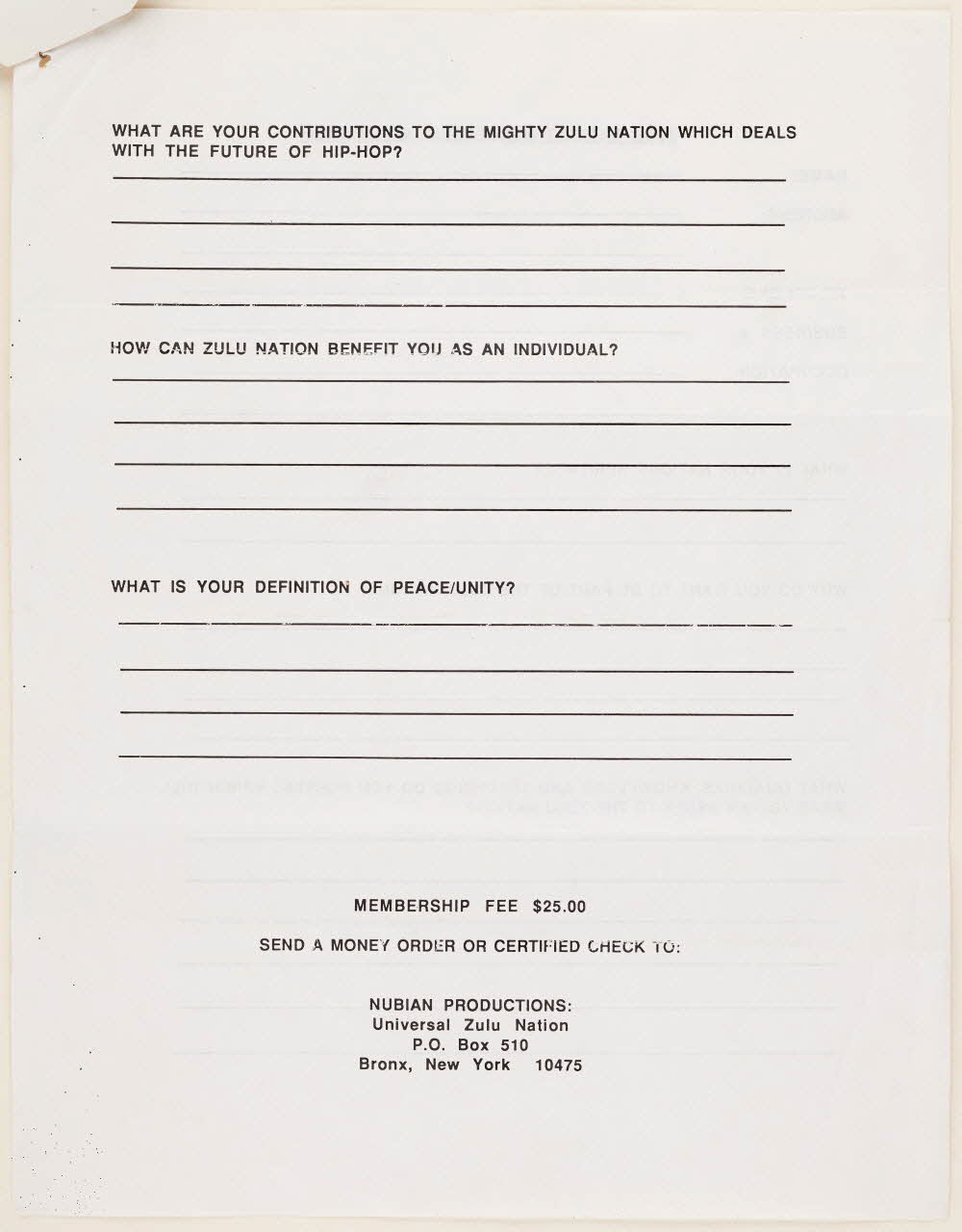 Universal Zulu Nation lettre The Beliefs of the Universal Zulu Nation 1991 2018.25.4.1 Photo Mucem / Marianne Kuhn