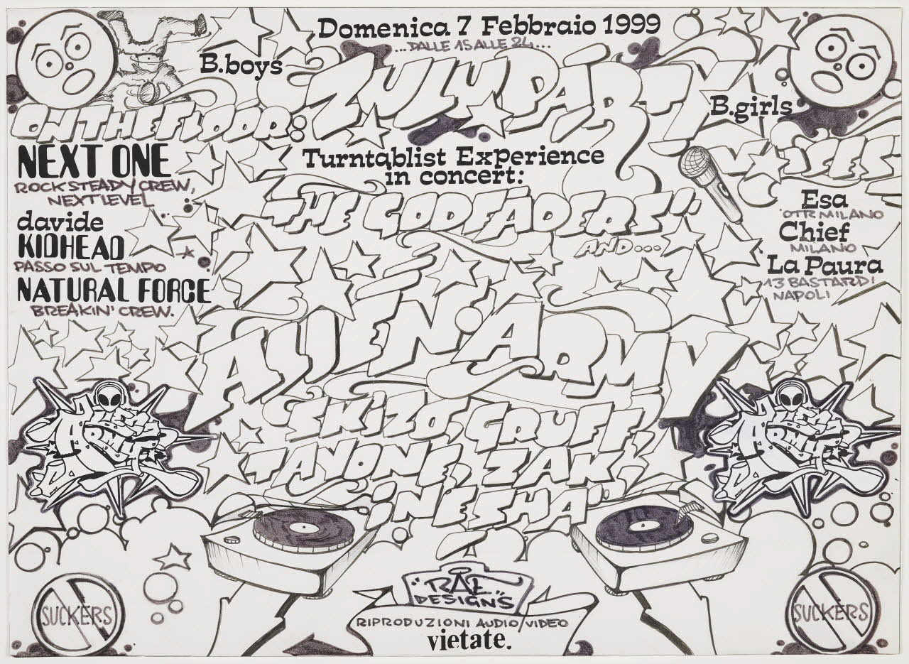 Rae Martini dessin Dessin pour une affiche annonçant une Zulu Party Lombardie, Italie 1999 2021.7.6 Photo Mucem / Marianne Kuhn