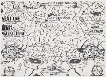 Rae Martini dessin Dessin pour une affiche annonçant une Zulu Party Lombardie, Italie 1999 2021.7.6 Photo Mucem / Marianne Kuhn