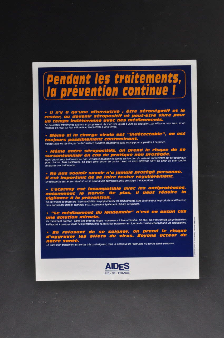 Aides Ile De France affichette "Pendant les traitements, la prévention continue!" Ile-de-France, France 1997 2002.127.247 Photo Mucem