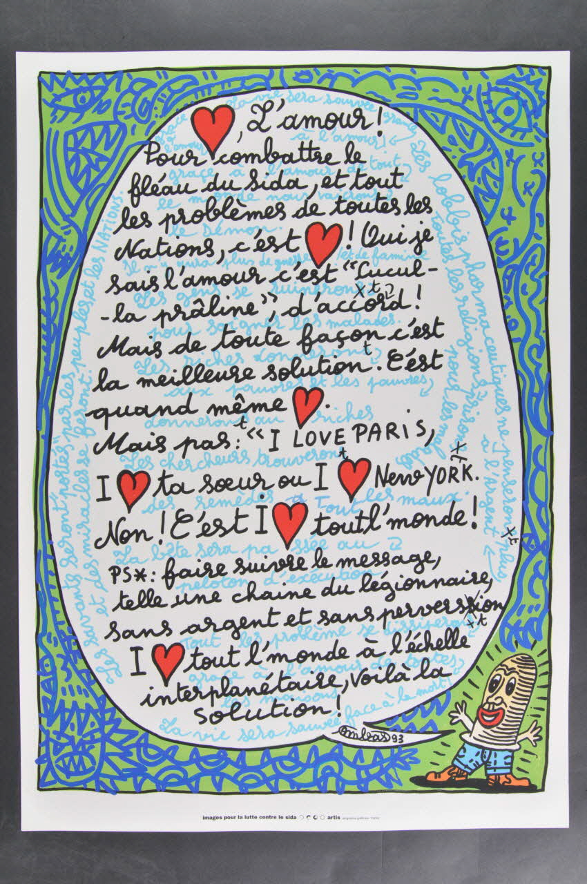 affiche Affiche "Images pour la lutte contre le sida", n°38  de Robert Combas / L'amour ! / Pour combattre le fléau du sida, et tout les problèmes de toutes les nations France 1993 2002.127.329 Photo Mucem