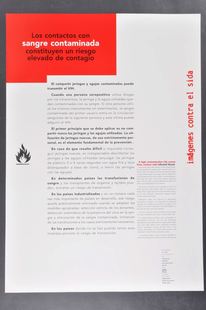 affiche "Los contactos con sangre contaminada constituyen un riesgo elevado de contagio" (Les contacts avec du sang contaminé constituent un risque élevé de contagion) Espagne 1994 2002.127.378 Photo Mucem