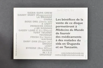 carte postale "Les Lascars contre le sida" / "Les bénéfices de la vente de ce disque permettront à Médecins du Monde de fournir des médicaments à des malades du sida en Ouganda et en Tanzanie" 2002.127.44 Photo Mucem