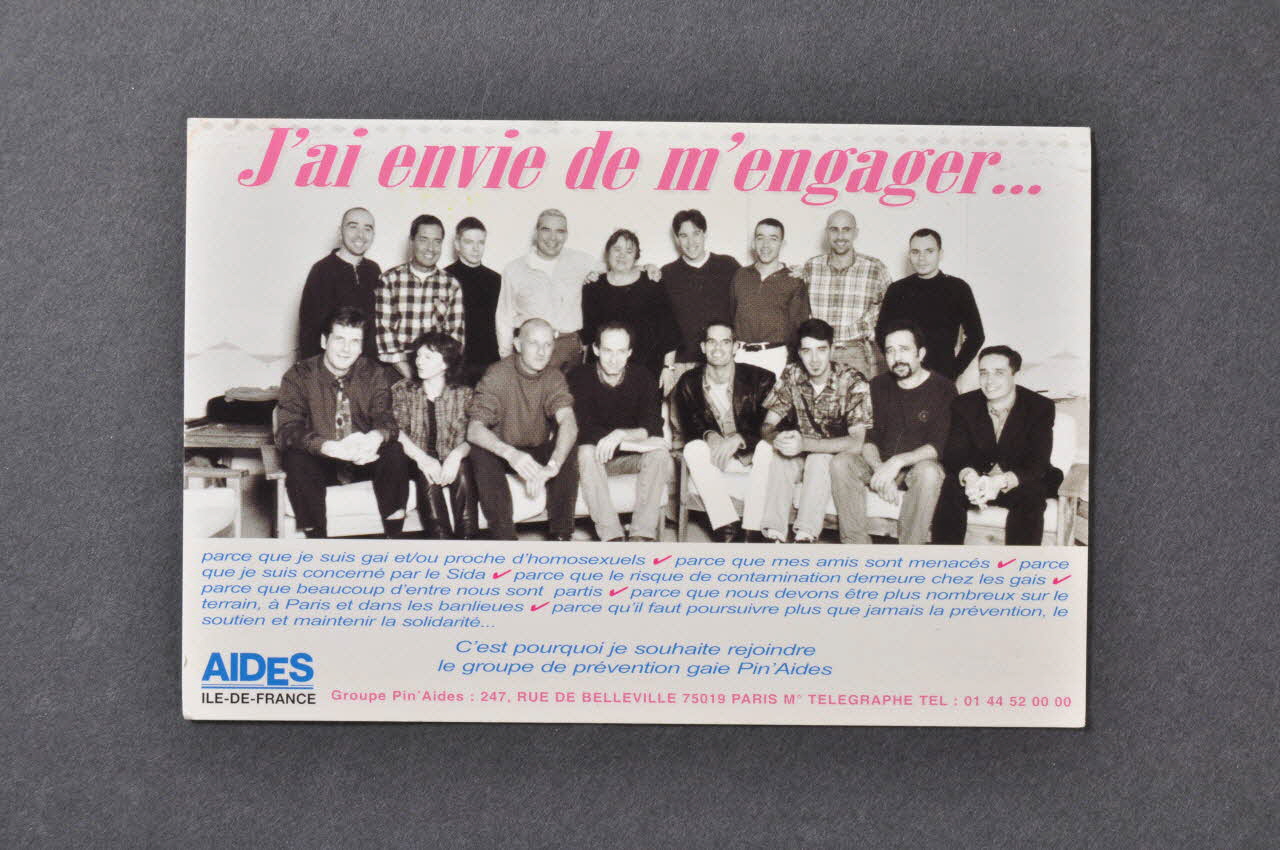 carte postale "J'ai envie de m'engager / C'est pourquoi je souhaite rejoindre le groupe de prévention gaie Pin'Aides." 2002.127.50 Photo Mucem