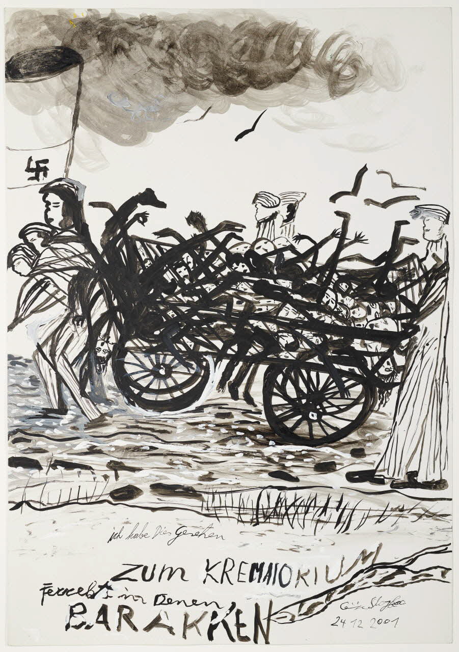 Ceija Stojka peinture Direction le crématorium, crevés dans les baraquements Bundesland Wien, Autriche 2001/12/24 2018.77.3 Photo Mucem / Marianne Kuhn