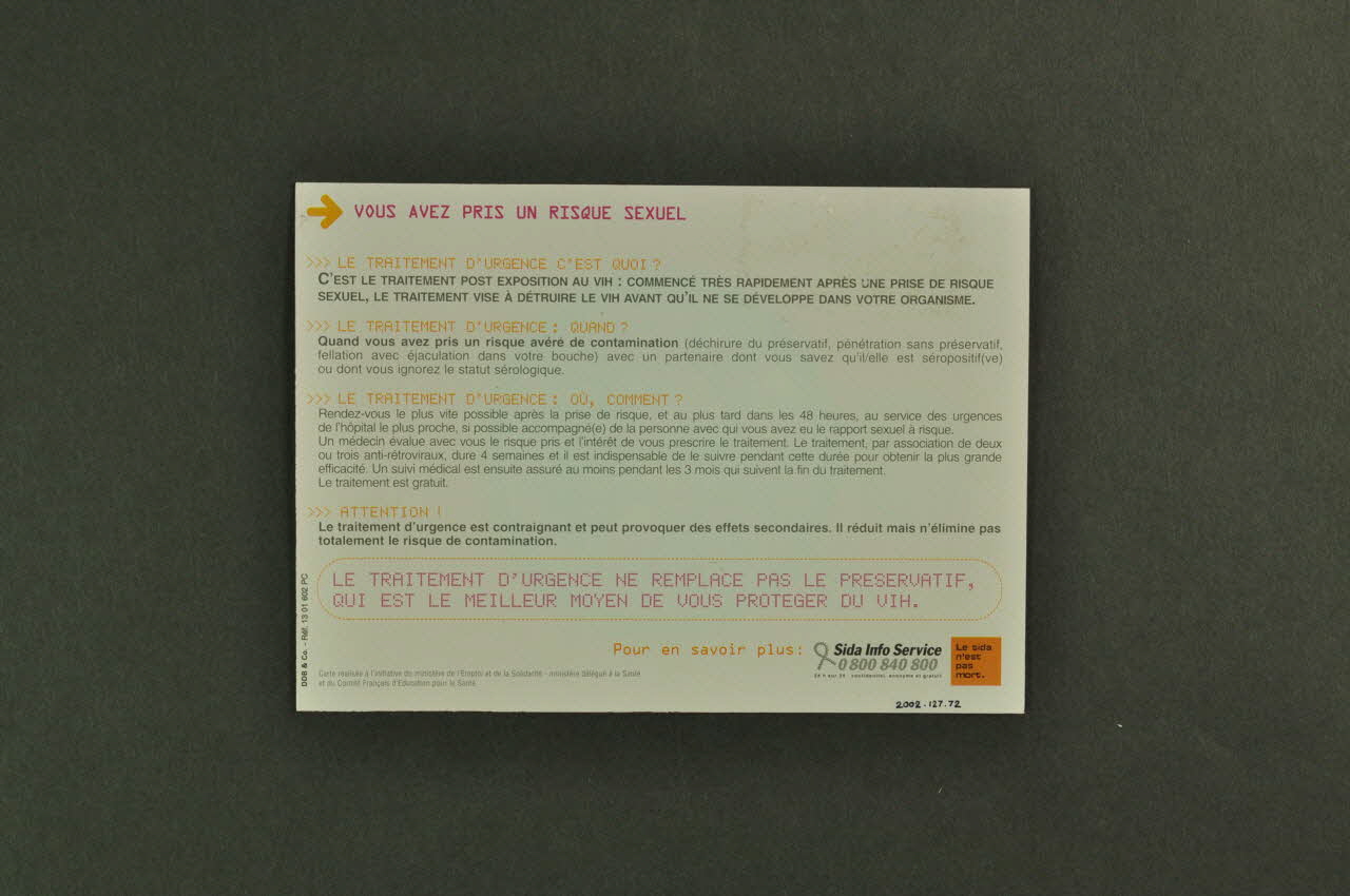 Comité Français d'Education pour La Santé (CFES) carte postale "Vous avez pris un risque sexuel" / "Le traitement d'urgence, c'est quoi?" France 2002 2002.127.72 Photo Mucem