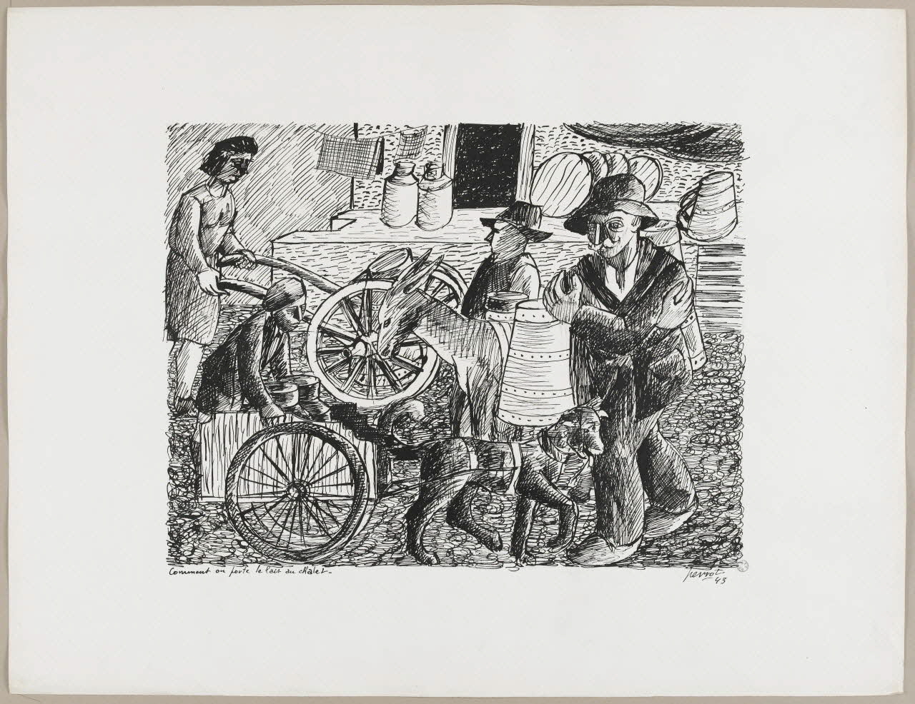 René Perrot dessin Comment on porte le lait au chalet en Franche-Comté Franche-Comté, France 1943 1943.18.33 Photo photo RMN-JEAN_GILLES Berizzi