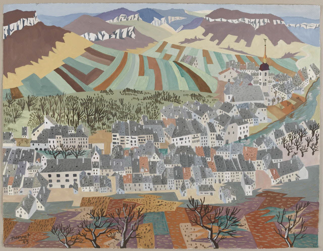René Perrot dessin Vue panoramique de village de montagne Franche-Comté, France 1943 1943.4.67  Photo photo RMN-JEAN_GILLES Berizzi