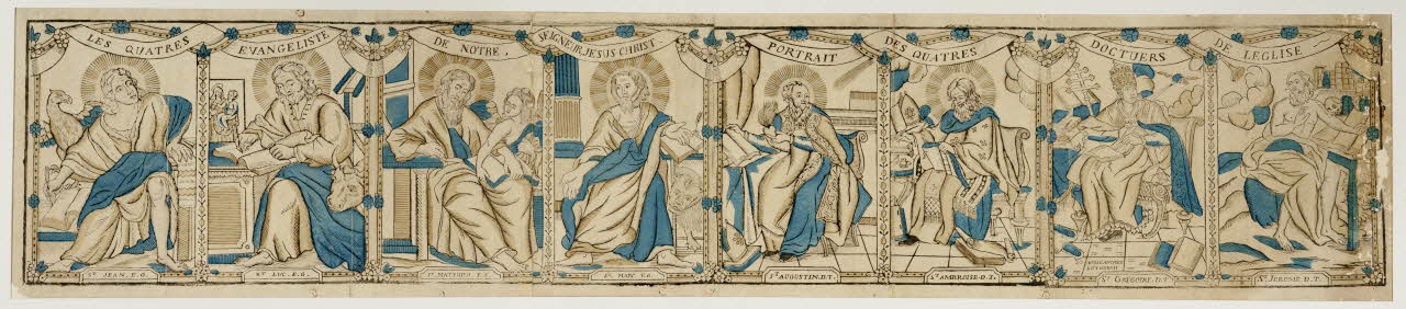 Jean-Baptiste Letourmy ; Valentin Jean, Valentin de Boullogn imagerie ancienne LES QUATRES  EVANGELISTE DE NOTRE,  SEIGNEUR, JESUS CHRIST.  PORTRAIT  DES QUATRES  DOCTEURS  DE LEGLISE Orléans 1774-1800 1979.40.1 Photo Mucem