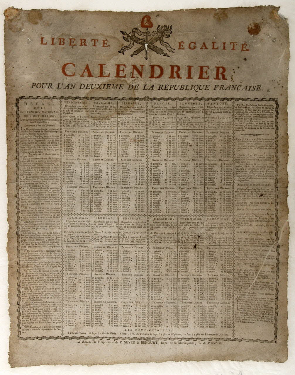 Seyer et Béhourt imagerie ancienne CALENDRIER  POUR L'AN DEUXIEME DE LA REPUBLIQUE FRANCAISE Rouen 1793 1993.2.10 Photo