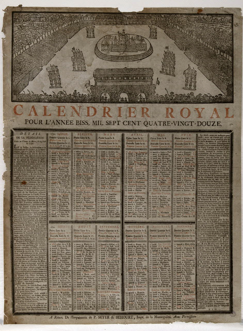 Seyer et Béhourt imagerie ancienne CALENDRIER ROYAL  POUR L'ANNEE BISS. MIL SEPT CENT QUATRE-VINGT-DOUZE Rouen 1792 1993.2.7 Photo