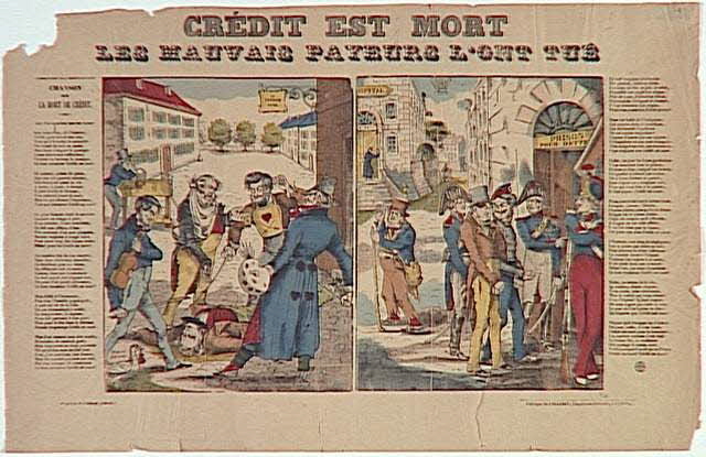 Pellerin à compartiments (1x2) CREDIT EST MORT  LES MAUVAIS PAYEURS L'ONT TUE. Lorraine, France 1866 1947.22.166 Photo RMN-Grand Palais (Mucem)